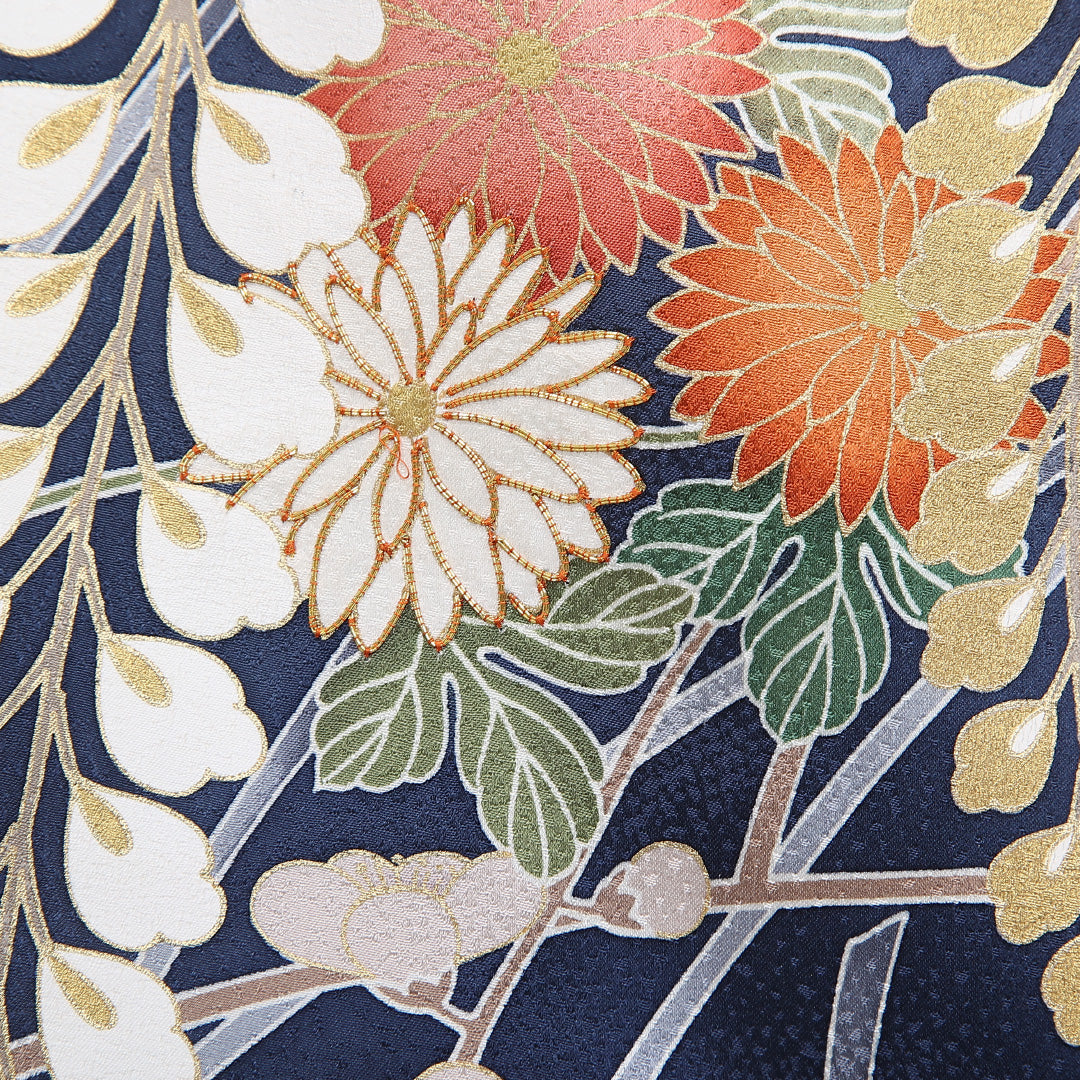 振袖 身丈169cm 裄丈68.5cm Sランク 正絹 袷 広衿 XL 金駒刺繍 菊 フォーマル 古典的 華やか 紺系 1213-F0502