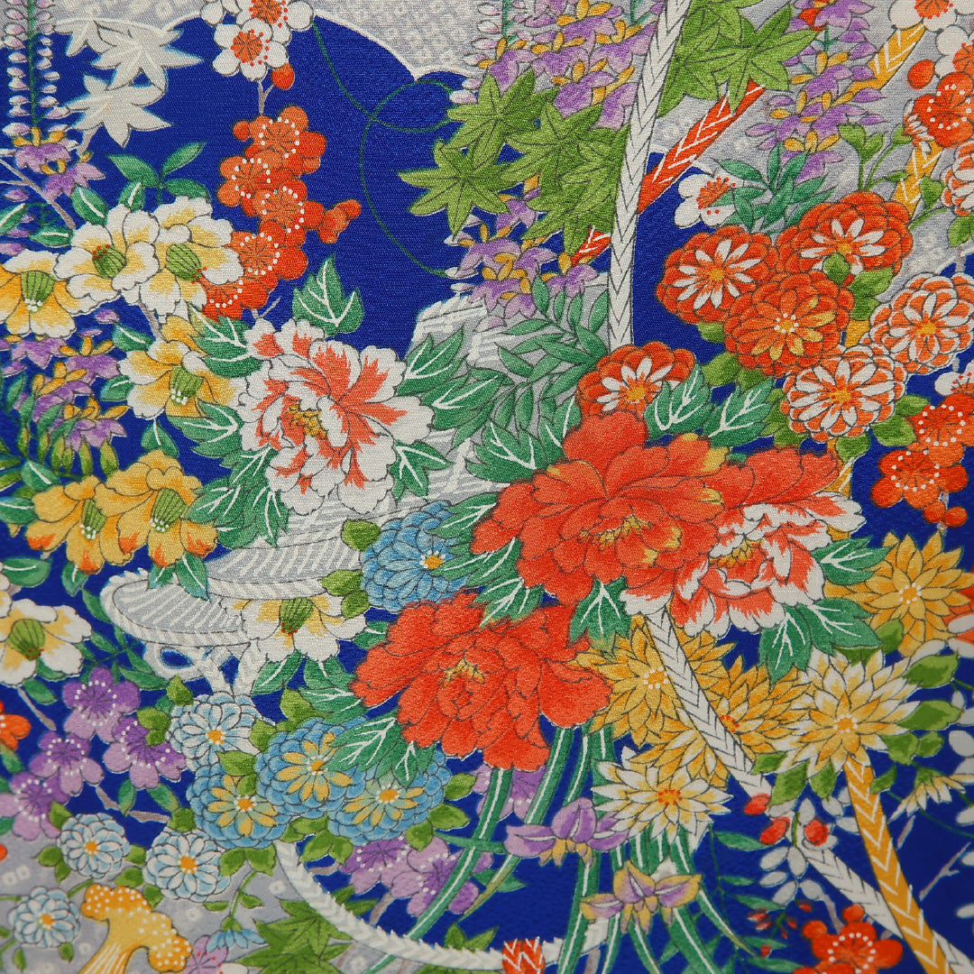 振袖 身丈157cm 裄丈65cm Cランク 袷 正絹 S 広衿 吉祥文様 組紐 古典柄 花柄 青系 1213-F0428
