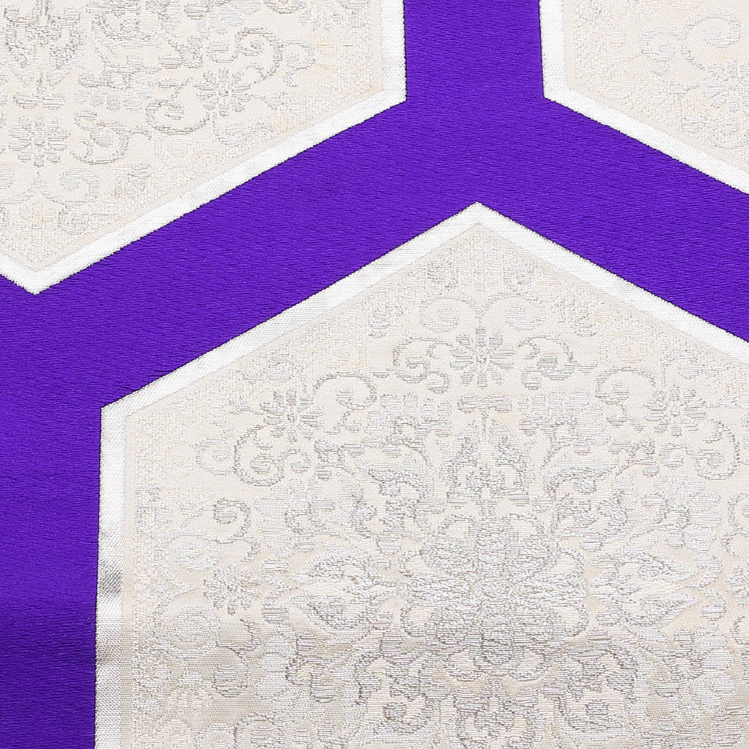 モダン 袋帯 帯丈420cm 六通 宝相華 亀甲 銀系 フォーマル 白系 正絹 Cランク 1223-00871