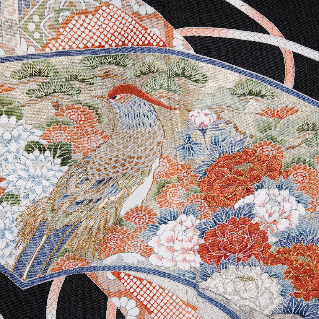 黒留袖 五つ紋 下り藤 身丈160cm 裄丈62cm Sランク 正絹 袷 比翼 広衿 L 刺繍 金駒刺繍 雉 扇 牡丹 フォーマル 黒系 1211-F0331