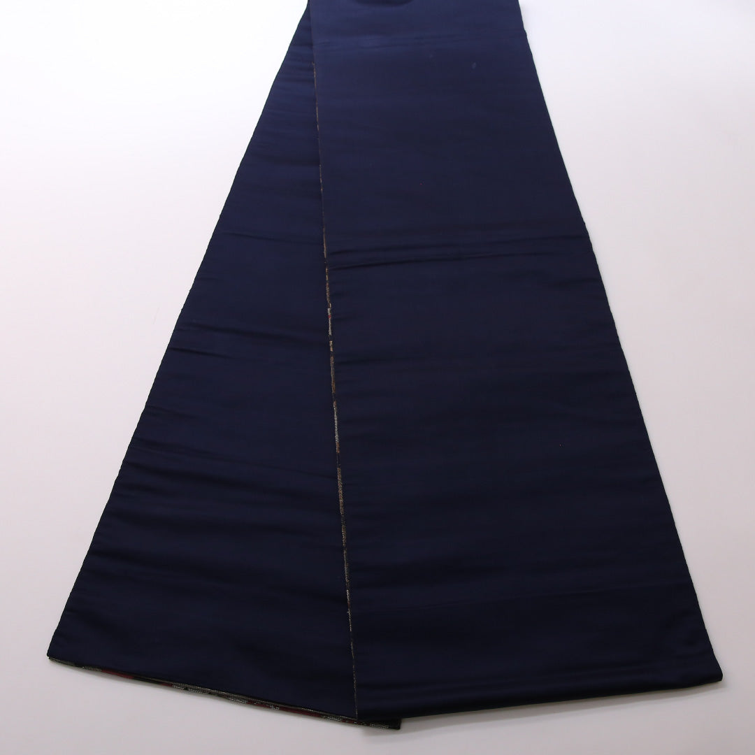 袋帯 帯丈404cm 正絹 六通 帯芯なし セミフォーマル こはく錦 花柄 紺系 1243-01652