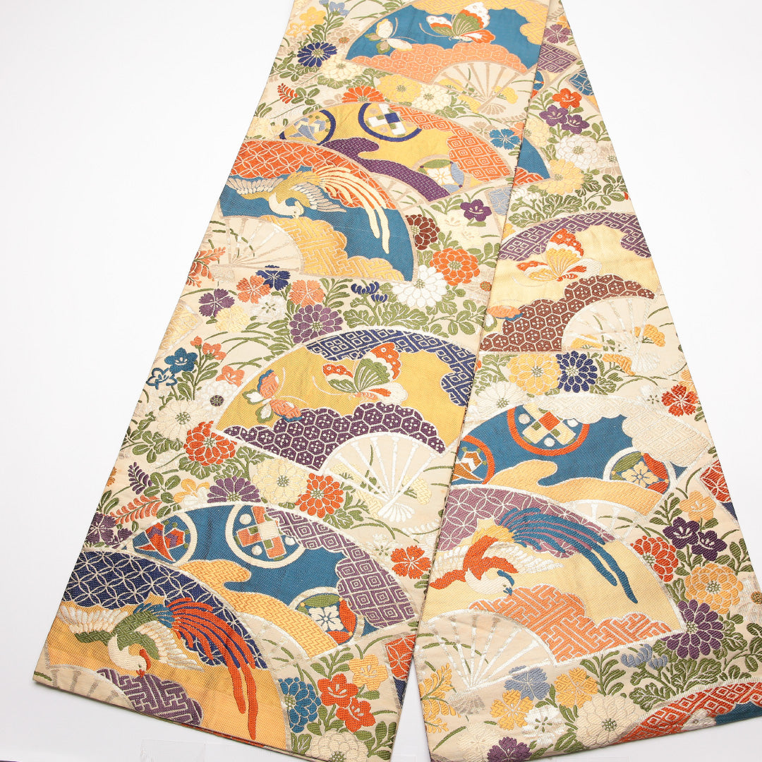 アンティーク 丸帯 全通 帯丈388cm Aランク 正絹 尾長鳥 蝶 扇子 クリーム系 1223-01422