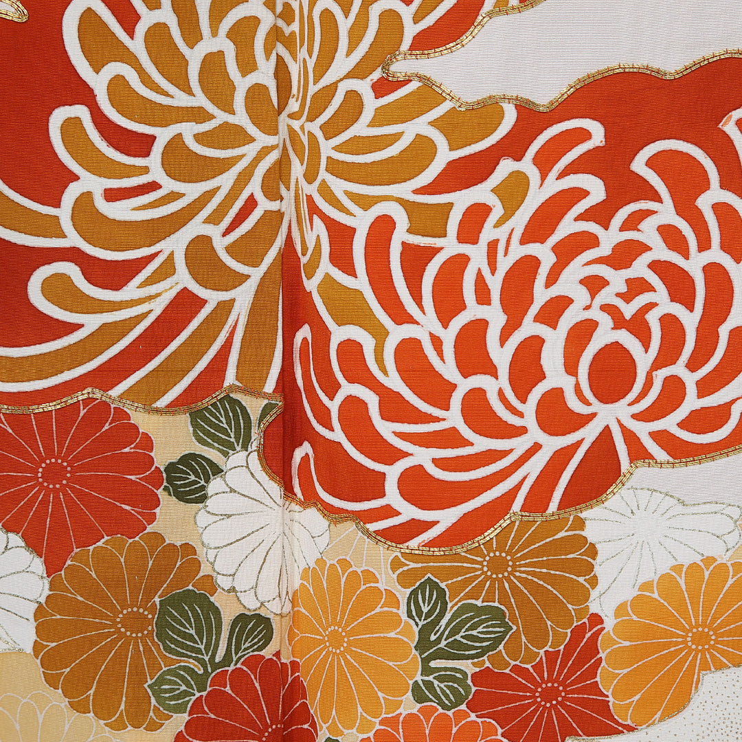 アンティーク 訪問着 身丈156cm 裄丈65cm Bランク M 正絹 単衣 広衿 金駒刺繍 エ霞 菊 緑系 1212-12323