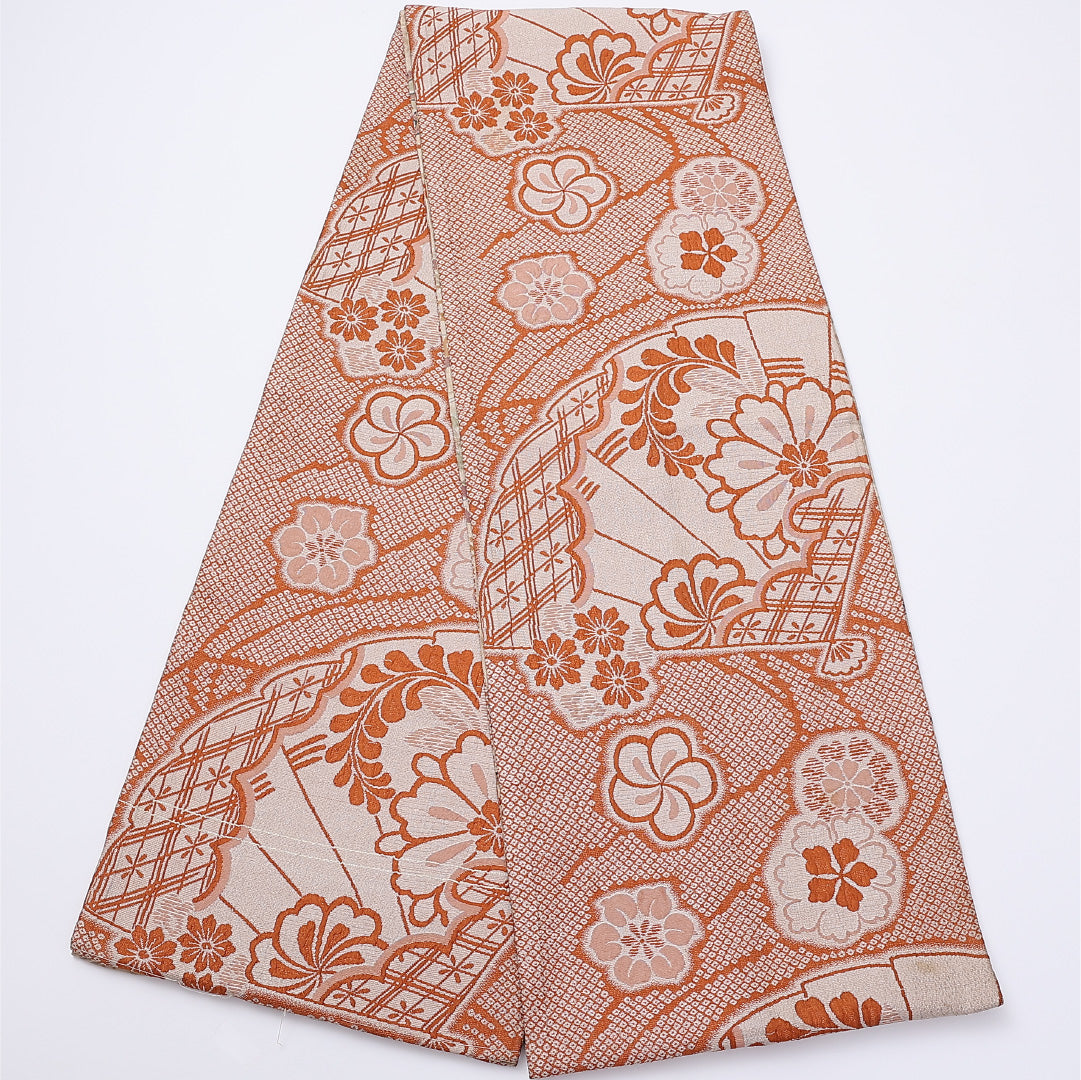 アンティーク 京袋帯 名古屋帯 帯丈370cm 全通 袋仕立て Cランク セミフォーマル リバーシブル 正絹 クリーム系 1224-01364