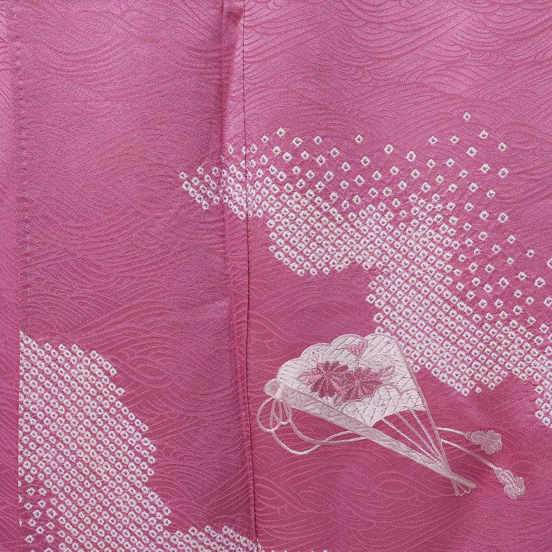 訪問着 袷 身丈156cm 裄64cm 正絹 扇子 部分絞り 菊 刺繍 Aランク 1212-00718