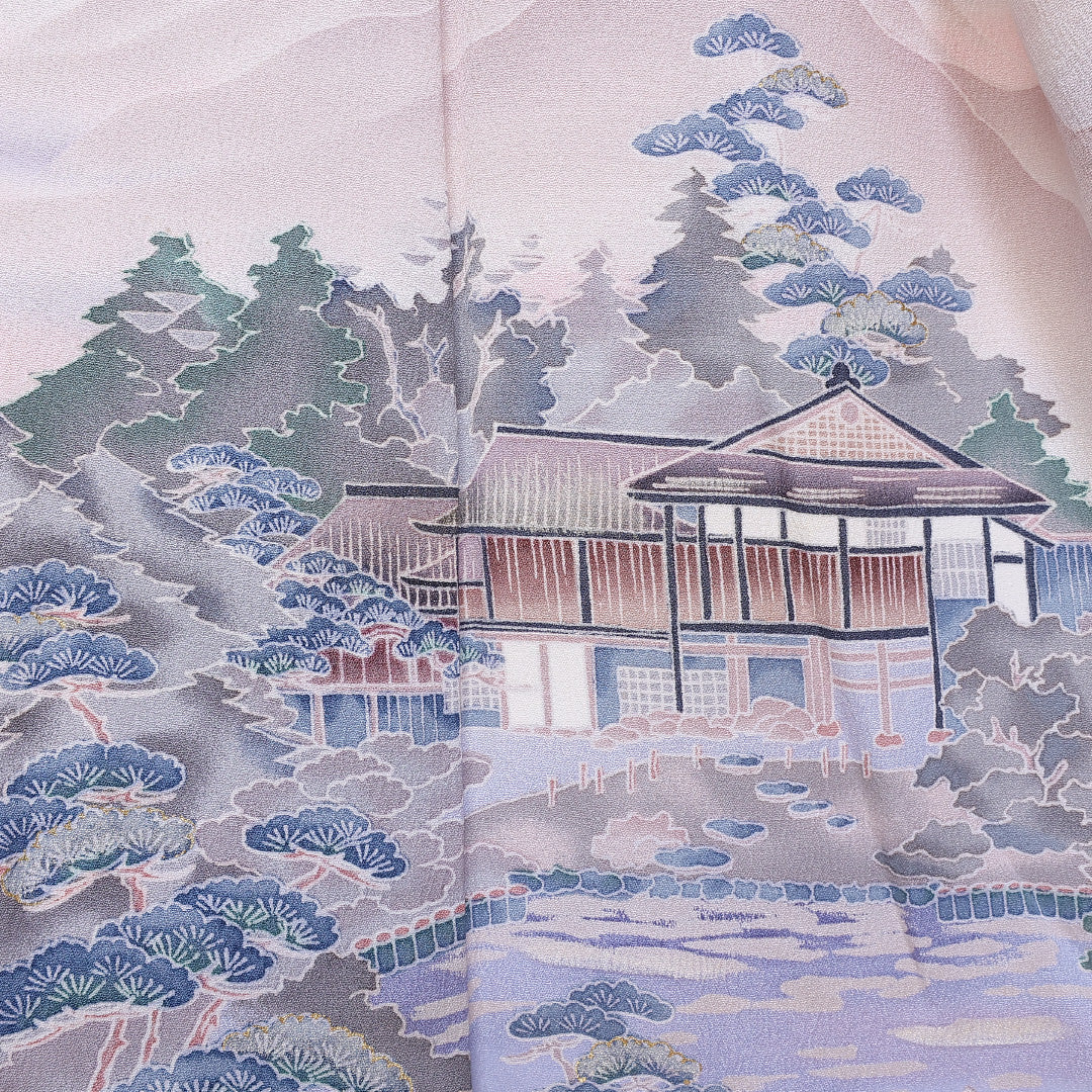 訪問着 袷 身丈156cm 裄64.52cm 正絹 風景 寺院 Aランク 1212-00693