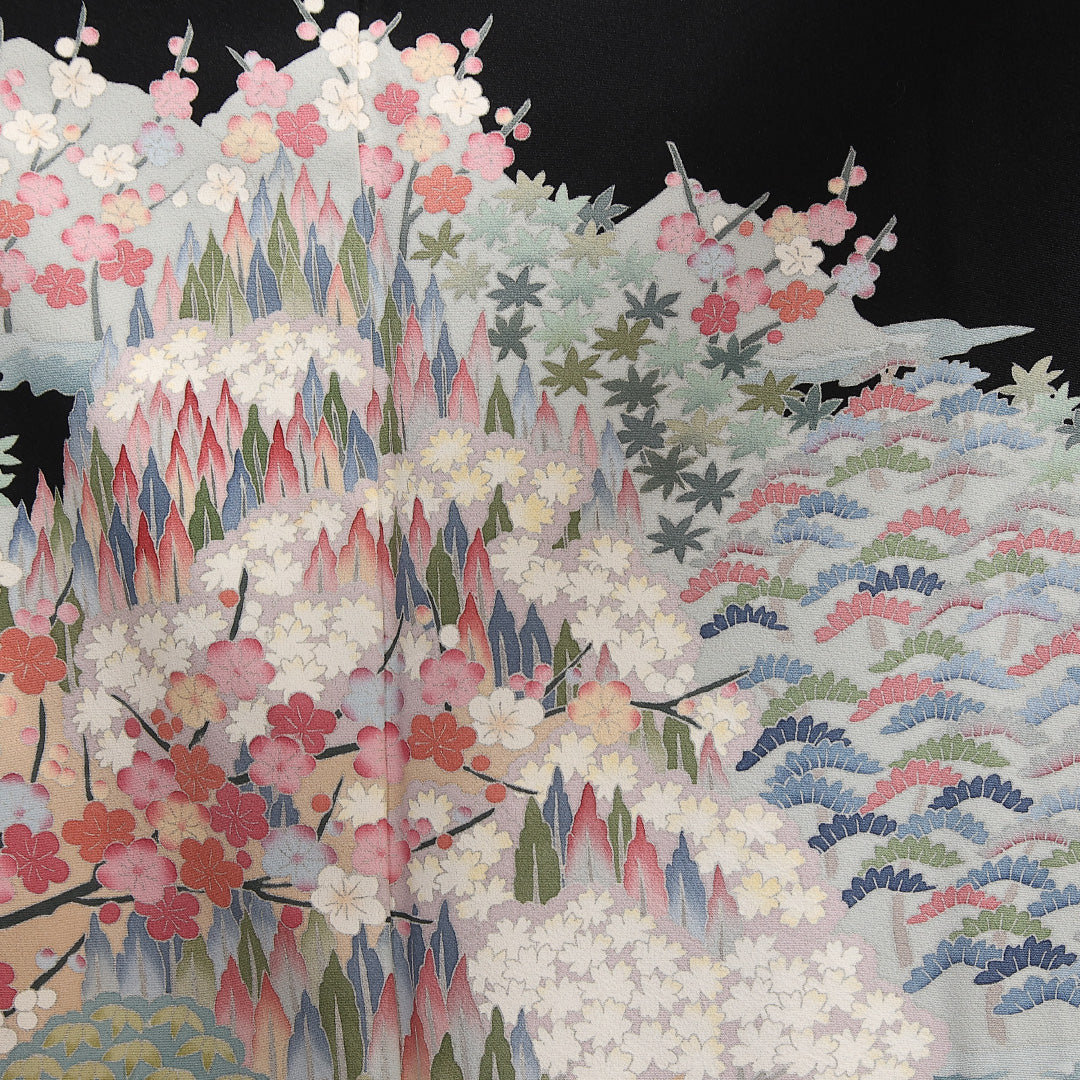 黒留袖 五つ紋 井桁 鶴見 保次 身丈148cm 裄丈63cm Sランク 正絹 袷 比翼 広衿 XS 作家物 落款 加賀友禅 フォーマル 幻想的 重厚感 黒系 1211-F0583