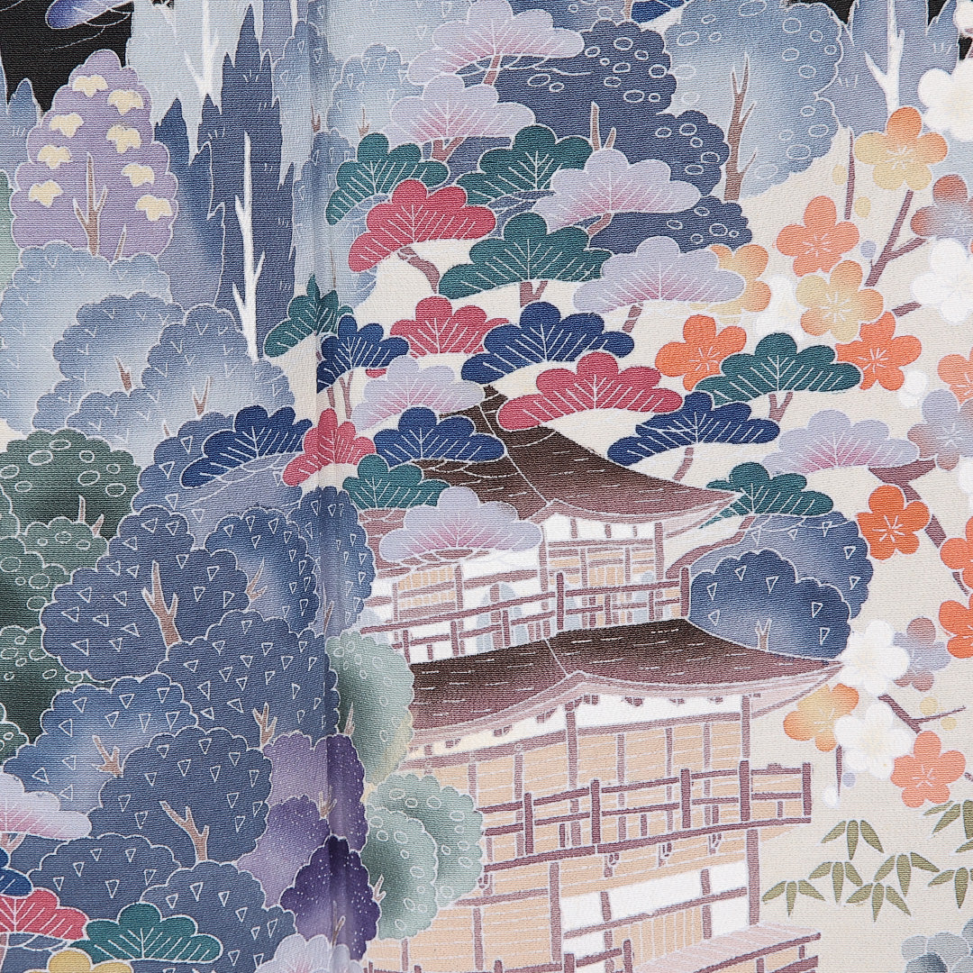 黒留袖 五つ紋 橘枝丸 鹿苑寺金閣庭園 身丈160cm 裄丈64cm Sランク 正絹 袷 比翼 広衿 L 作家物 落款 加賀友禅 フォーマル 黒系 1211-F0326