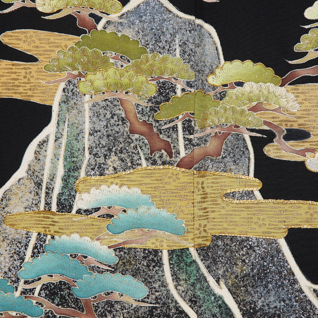 黒留袖 五つ紋 鶴の丸 身丈155cm 裄丈63.5cm Sランク 正絹 袷 比翼 広衿 M 金駒刺繍 エ霞 桐 松 京友禅 フォーマル 黒系 1211-F0338