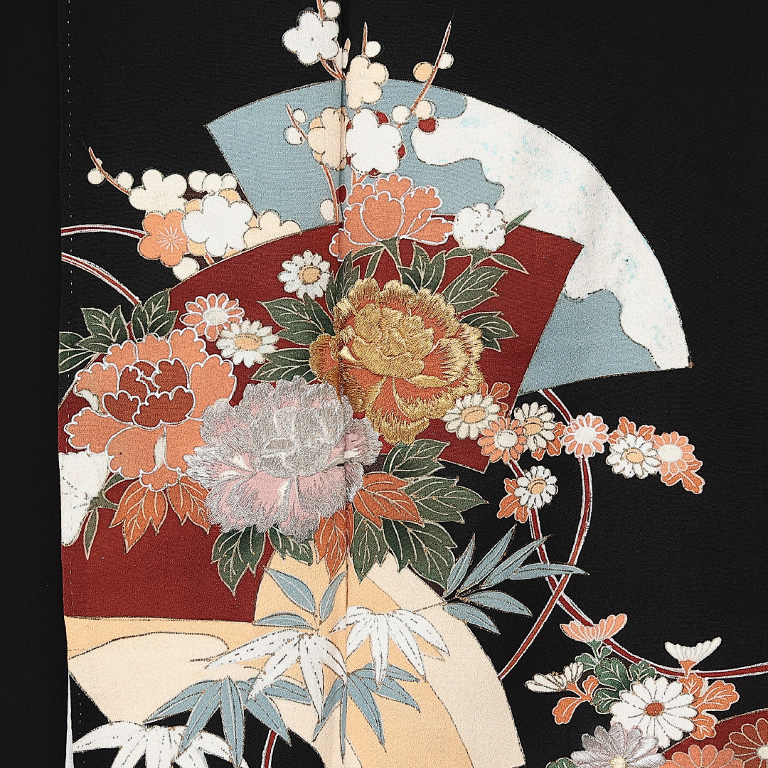 黒留袖 五つ紋 五三桐 身丈163cm 裄丈63.5cm Sランク 正絹 袷 比翼 広衿 L 刺繍 吉祥文様 フォーマル 古典的 華やか 黒系 1211-F0602