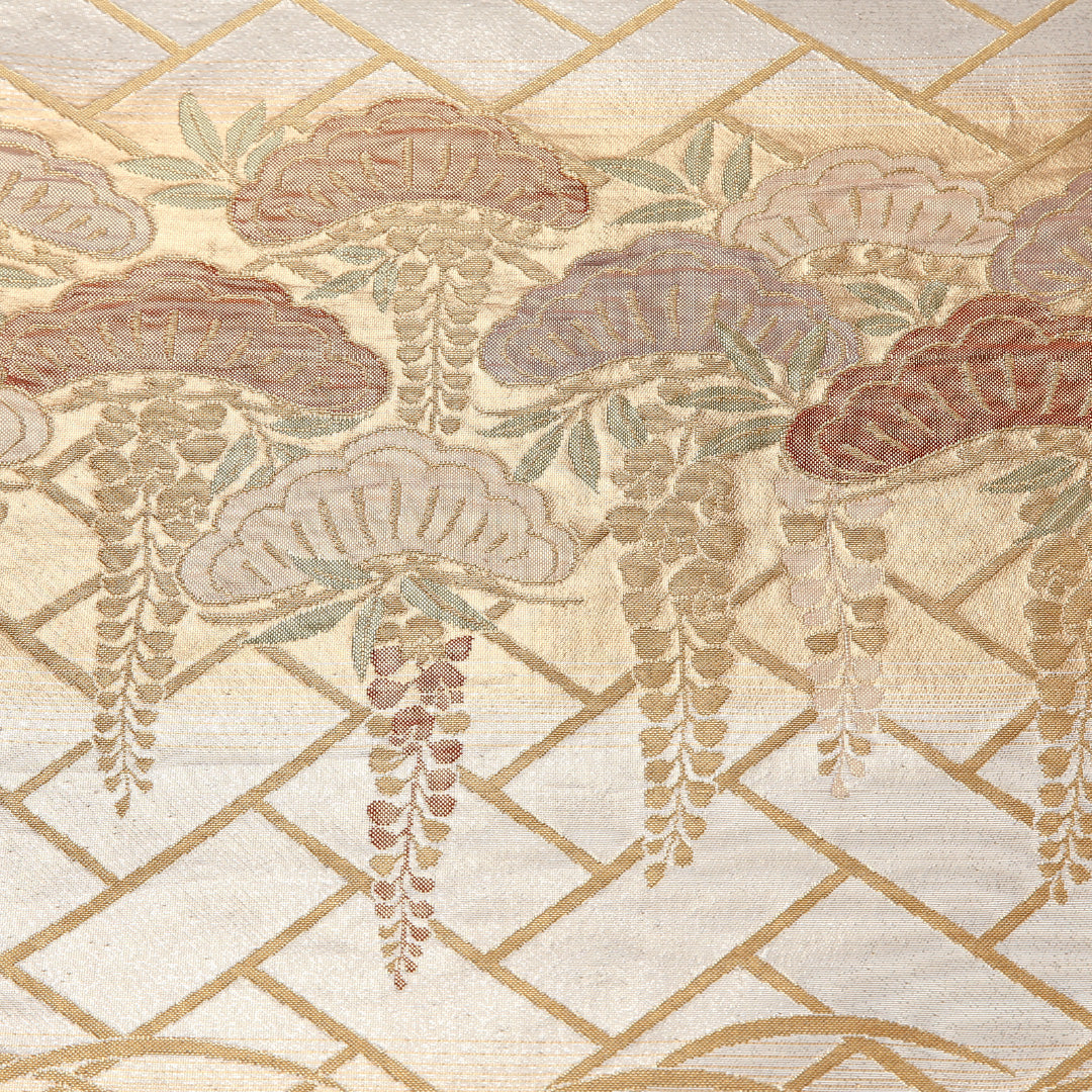 藤 袋帯 帯丈448cm 正絹 六通 フォーマル 藤・笠松 笠松 クリーム系 金系 1243-02628