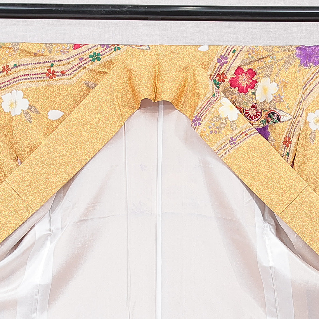 振袖 袷 身丈160cm 裄丈66cm 正絹 Sランク フォーマル 広衿 Lサイズ 鶴 花柄 黄系 RP 1215-07047