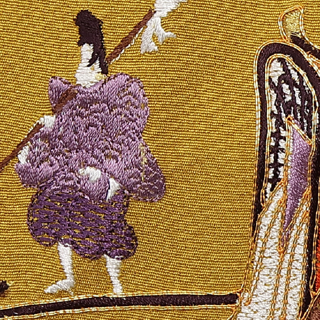 振袖 袷 身丈160cm 裄丈64cm 正絹 Sランク フォーマル 広衿 Lサイズ 蘇州刺繍 御所車 黄系 RP 1215-06786