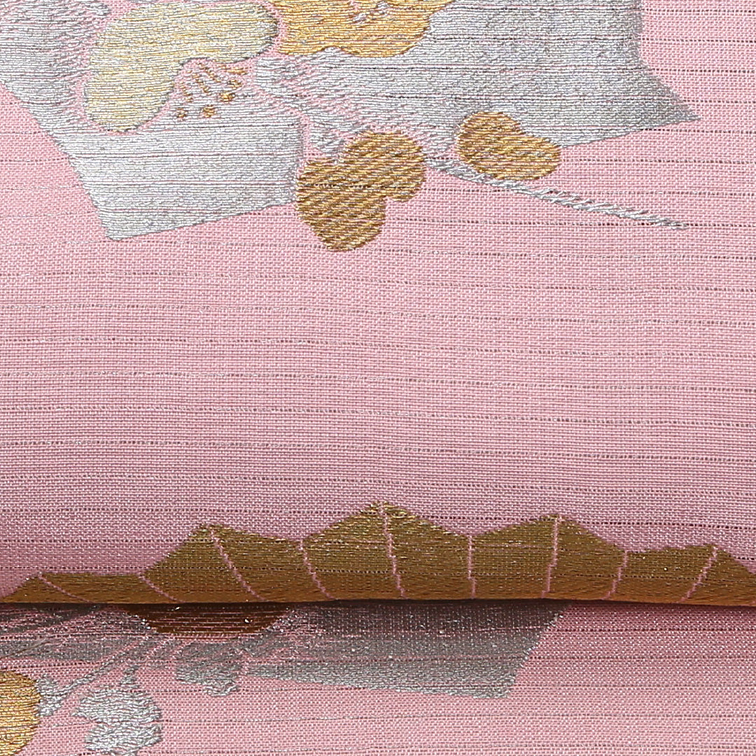 夏物 袋帯 帯丈412cm 正絹 六通 セミフォーマル 扇面文 梅 椿 ピンク系 1243-02470