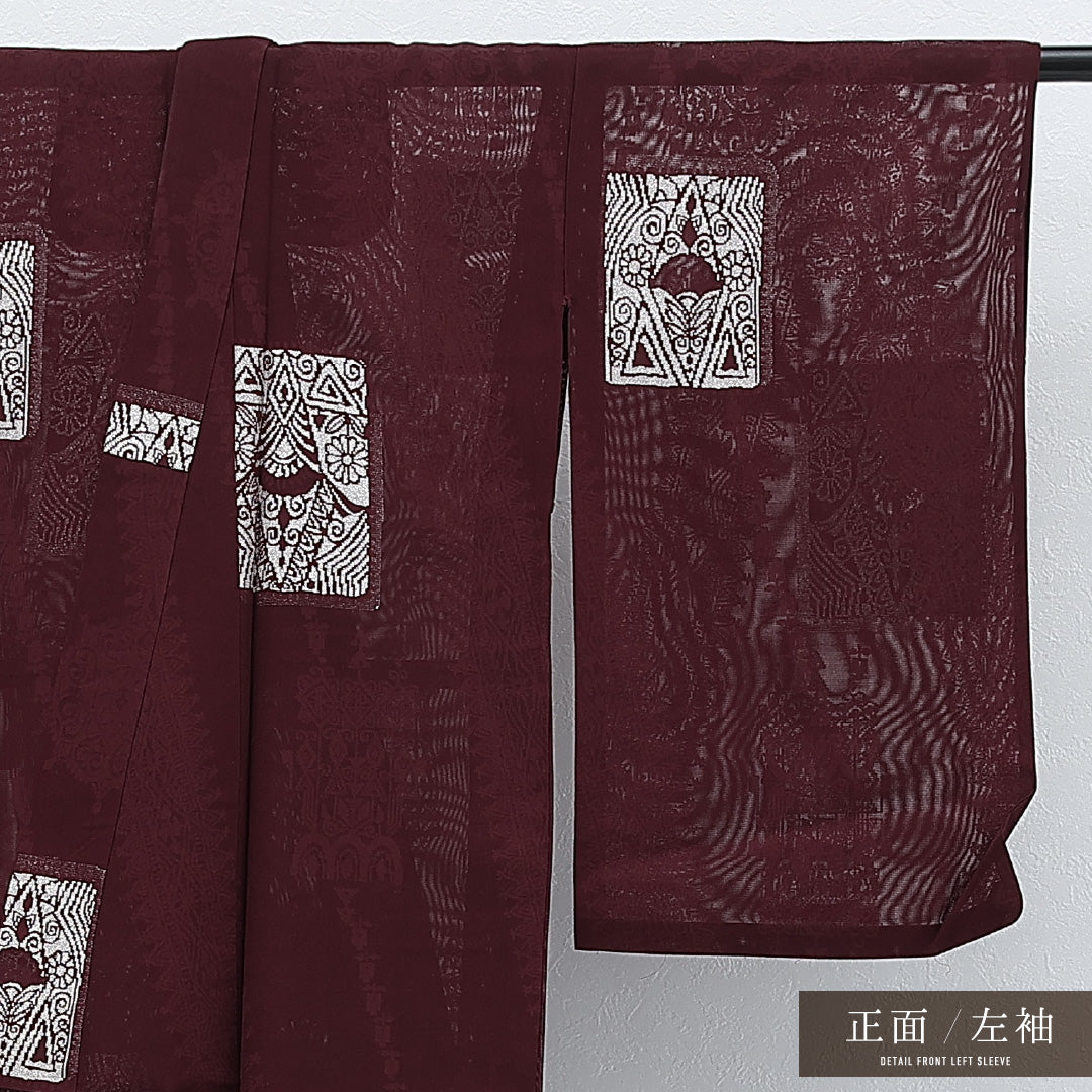 アンティーク 夏物 小紋 紗 身丈149cm 裄丈63cm 正絹 Aランク バチ衿 XSサイズ 漆糸 創作柄 赤系 RP 1221-17260