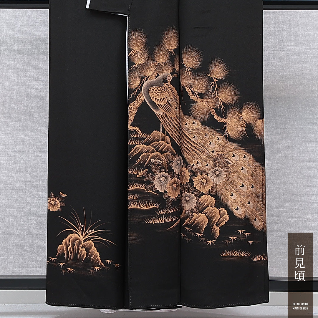 黒留袖 袷 身丈157cm 裄丈62cm 正絹 Cランク 五つ紋 (四ツ目菱) フォーマル 広衿 Mサイズ 比翼 雉 松 黒系 LP 1213-07028