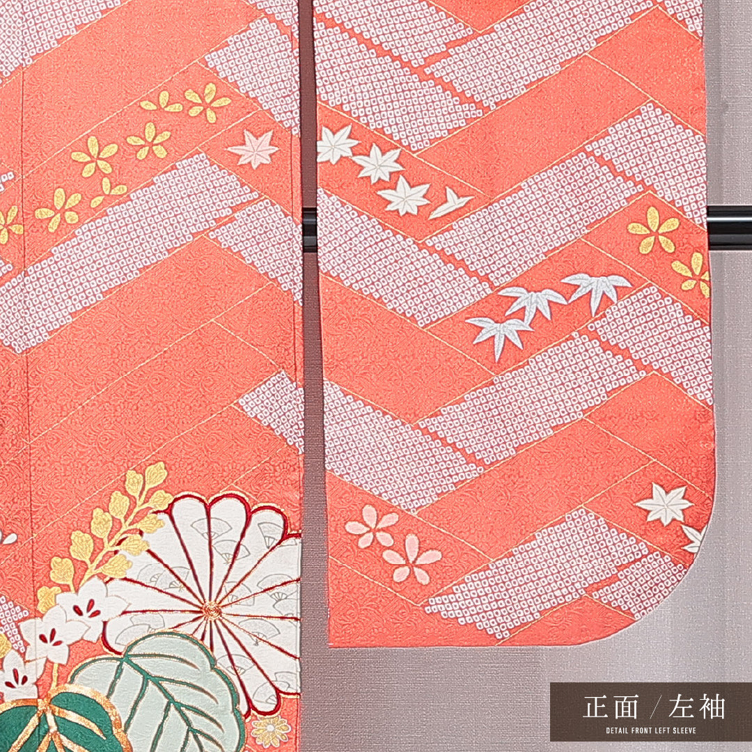 振袖 袷 身丈167cm 裄丈65cm 正絹 Cランク フォーマル 広衿 XLサイズ 金駒刺繍 菊 桐 朱系 HP 1215-06930
