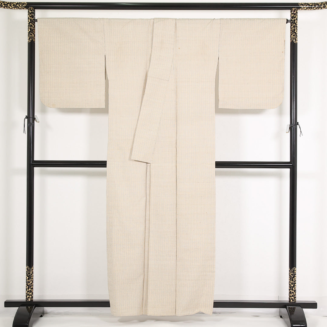 上田紬 単衣 身丈157cm 裄丈69cm 正絹 Cランク カジュアル 広衿 Mサイズ 縞 クリーム系 RP 1223-17537