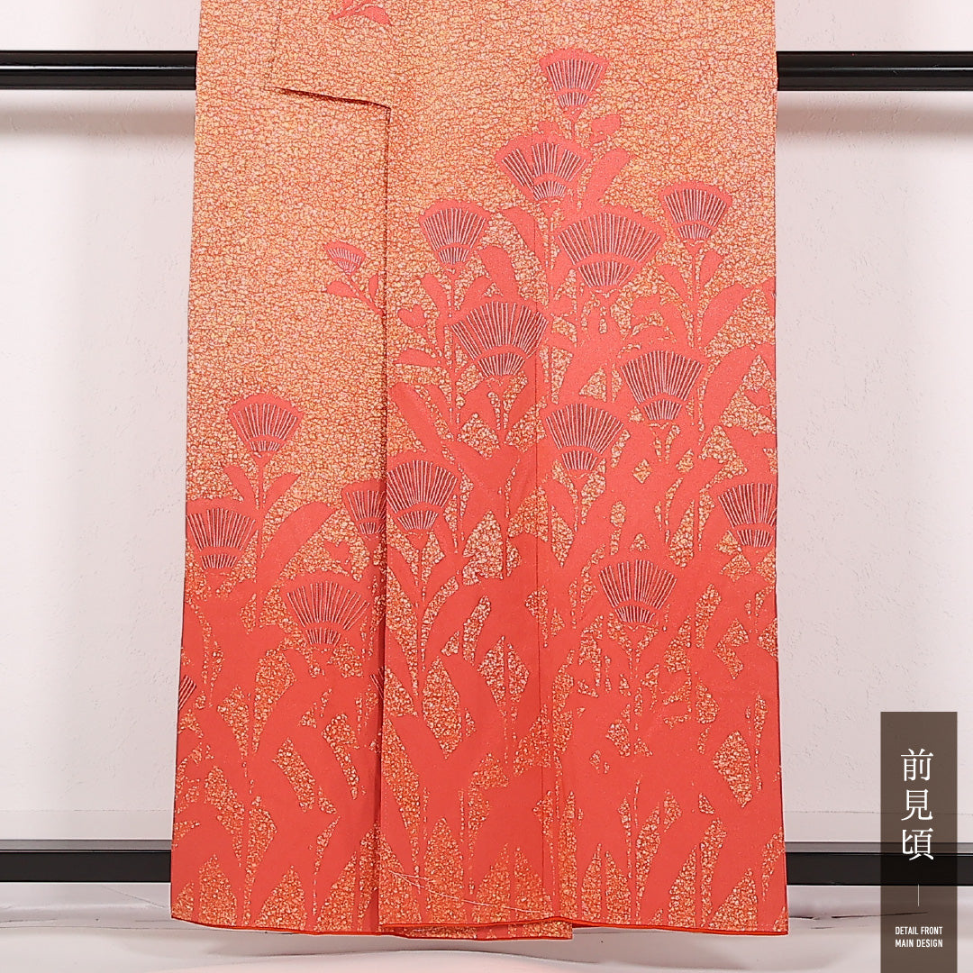 未使用品 付下げ 袷 身丈157cm 裄丈63cm 正絹 Sランク インフォーマル 広衿 Mサイズ しつけ糸 花柄 朱系 RP 1218-17532