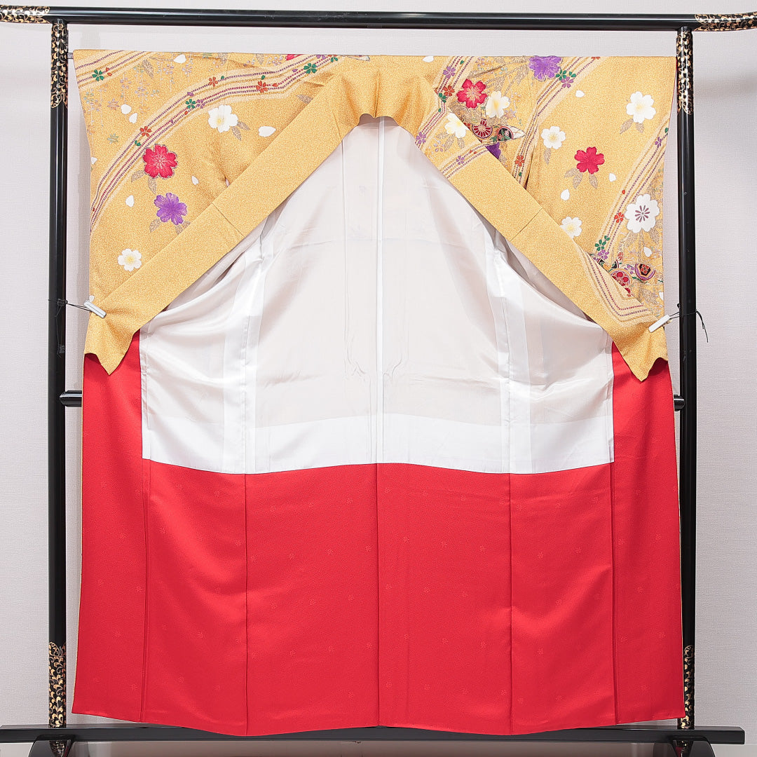 振袖 袷 身丈160cm 裄丈66cm 正絹 Sランク フォーマル 広衿 Lサイズ 鶴 花柄 黄系 RP 1215-07047