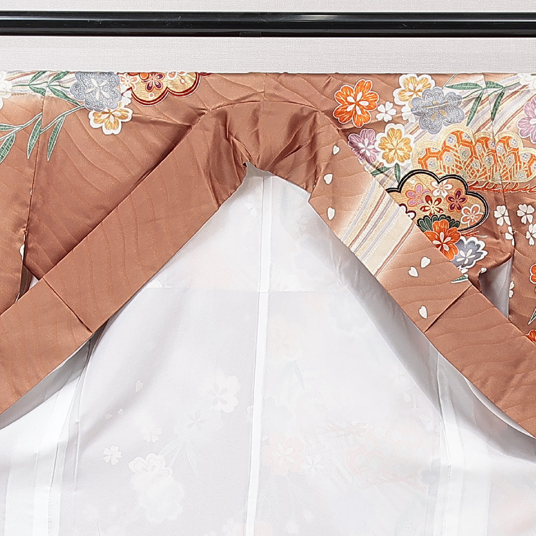 振袖 袷 身丈166cm 裄丈65cm 正絹 Sランク フォーマル 広衿 XLサイズ 御所車 菊 茶系 RP 1215-06979