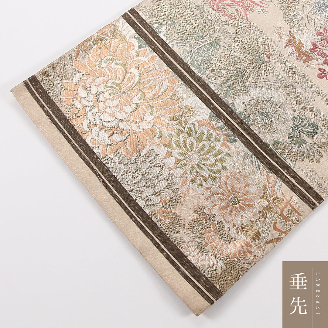 アンティーク 丸帯 帯丈392cm 正絹 全通 鶴 菊 クリーム系 1242-02570