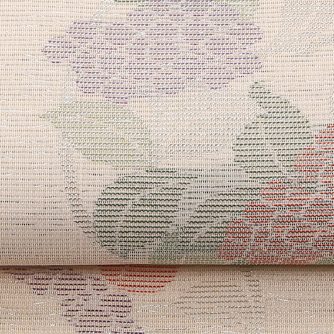 夏物 袋帯 帯丈434cm 正絹 六通 セミフォーマル 唐草牡丹 丸文 クリーム系 ピンク系 1243-02466