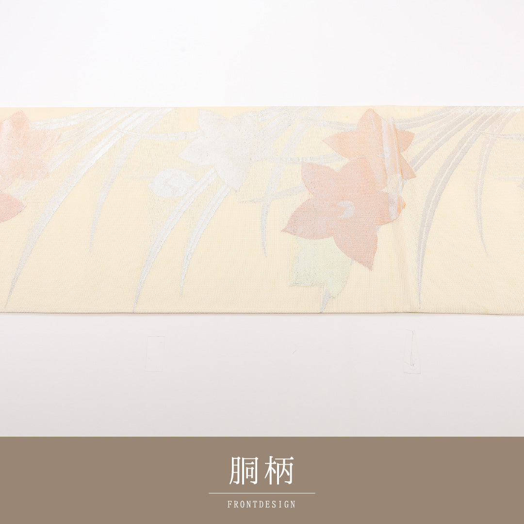 夏物 袋帯 帯丈432cm 正絹 六通 セミフォーマル 綴れ織 桔梗 クリーム系 1243-02469