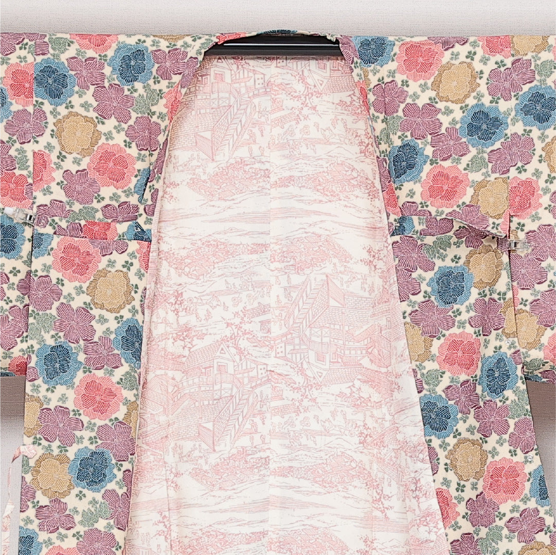 道行コート 袷 身丈81cm 裄丈62cm 正絹 Sランク セミフォーマル Sサイズ ポケットあり 花柄 多色系 RP 1237-13787
