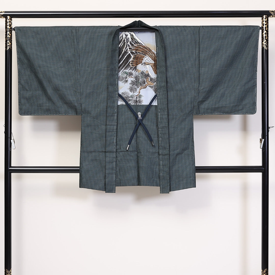 アンサンブル 男着物 (大島紬) 袷 身丈142cm 裄丈66cm 正絹 Aランク インフォーマル 棒衿 Mサイズ 紐あり 亀甲 緑系 RP 1224-06232