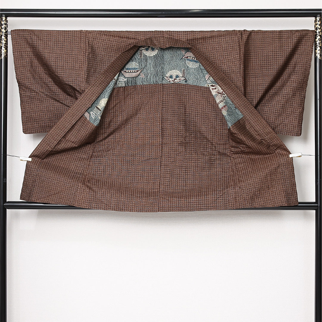 羽織 男性用 袷 身丈88cm 裄丈67cm 正絹 Aランク カジュアル Sサイズ 幾何学柄 茶系 RP 1235-12987