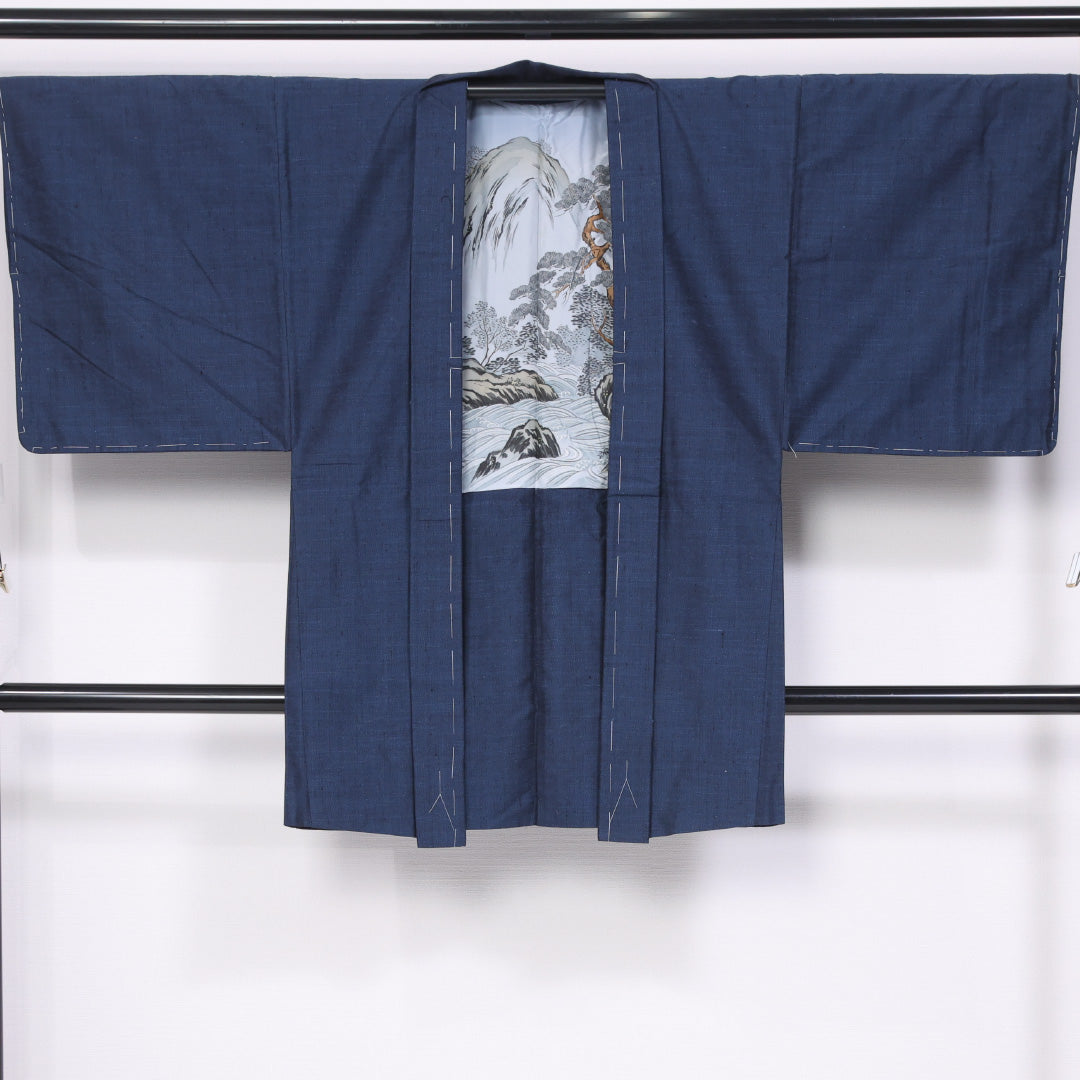アンサンブル 男着物 袷 身丈142cm 裄丈68cm 正絹 Aランク カジュアル バチ衿 Mサイズ 風景柄 紺系 RP 1224-06287