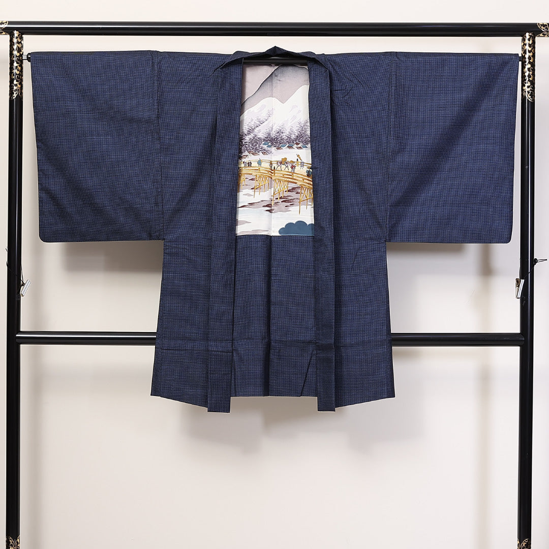 アンサンブル 男着物 (大島紬) 袷 身丈144cm 裄丈68cm 正絹 Aランク インフォーマル 棒衿 Mサイズ 亀甲 紺系 RP 1224-06230