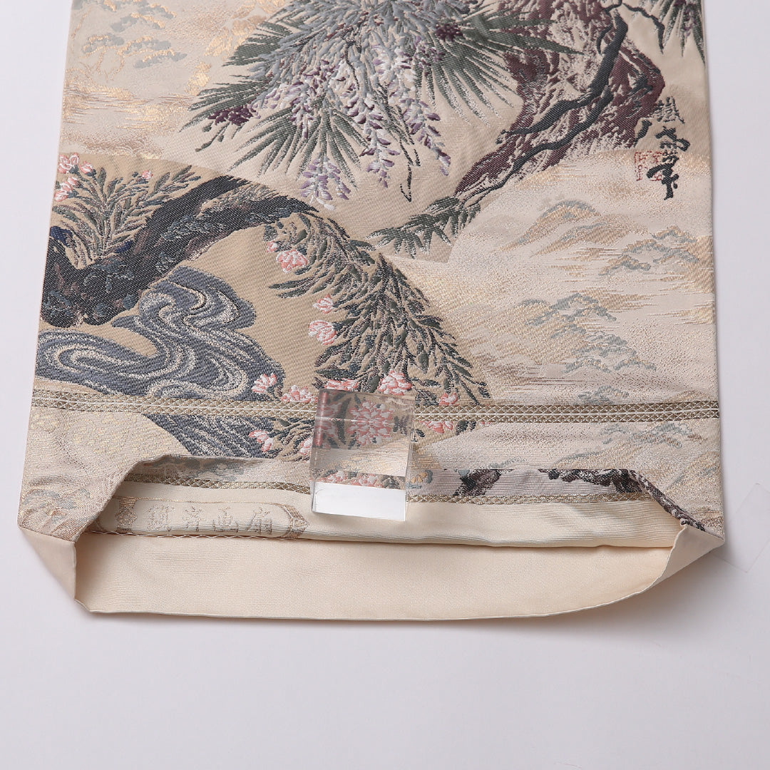 袋帯 帯丈420cm 正絹 全通 フォーマル 扇面文 流水 松 クリーム系 1243-01574