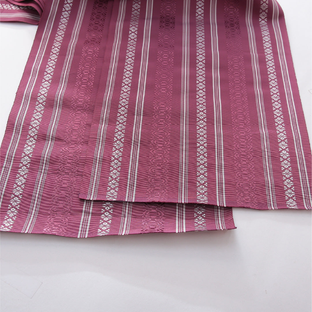 八寸名古屋帯 帯丈394cm インフォーマル 開き仕立て 全通 未仕立て 帯芯なし Sランク 正絹 本場筑前博多織 献上柄 ピンク系 1224-03886