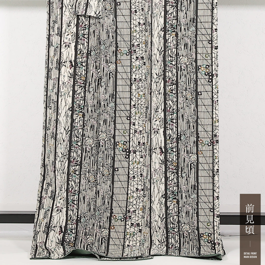 洗える着物 小紋 袷 身丈170cm 裄丈68cm ポリエステル Sランク インフォーマル 広衿 Lサイズ 花柄 植物柄 黒系 RP 1221-17460