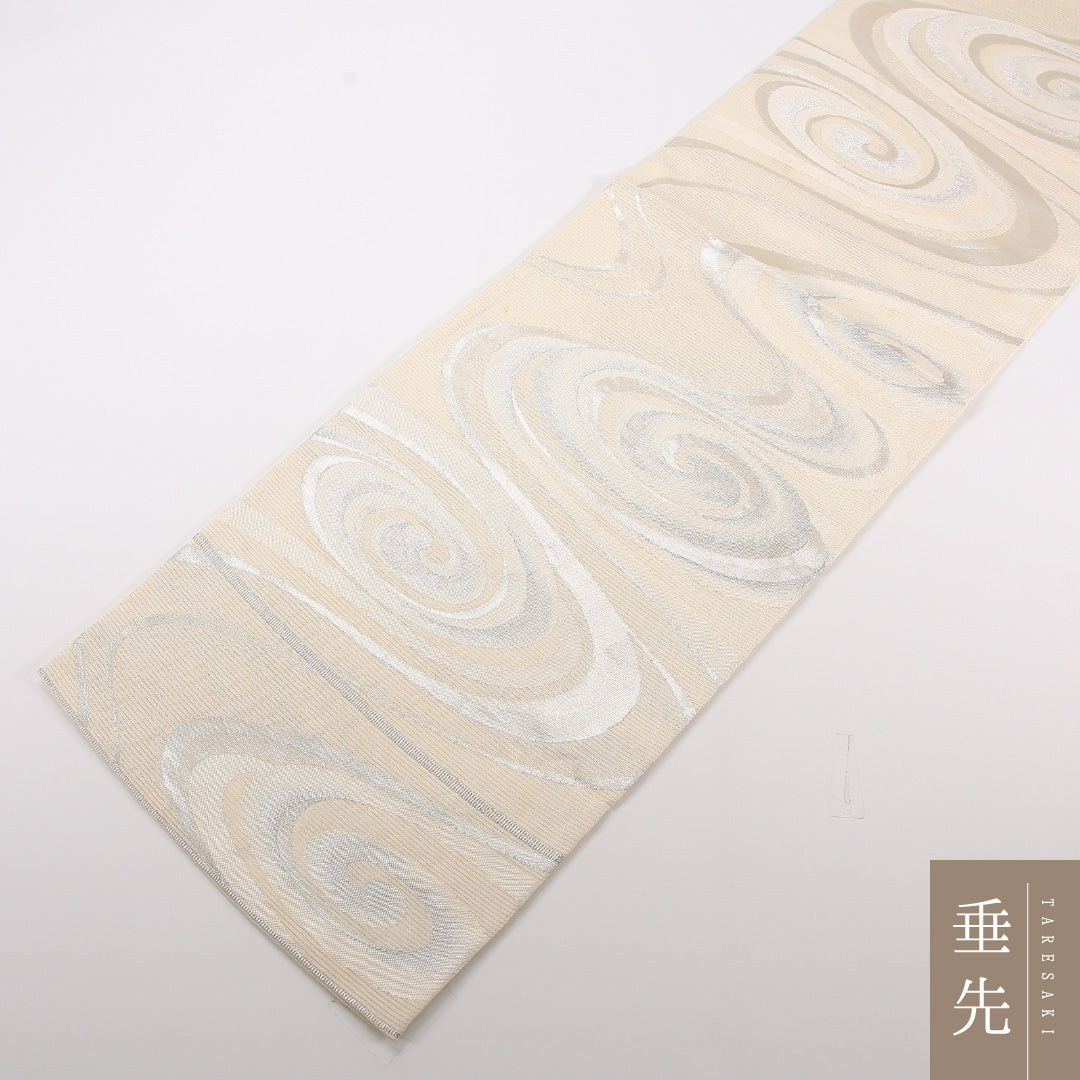 未使用品 夏物 袋帯 帯丈428cm 正絹 六通 フォーマル 綴れ織 流水 クリーム系 1243-02482