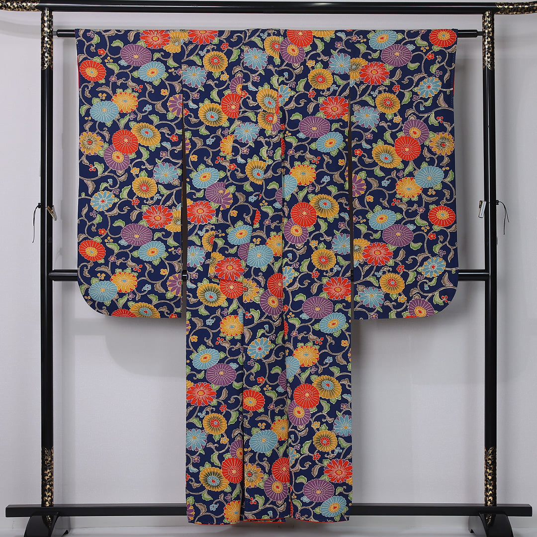 振袖 袷 身丈156cm 裄丈65cm 正絹 Sランク フォーマル 広衿 Mサイズ 菊 紺系 RP 1215-06768