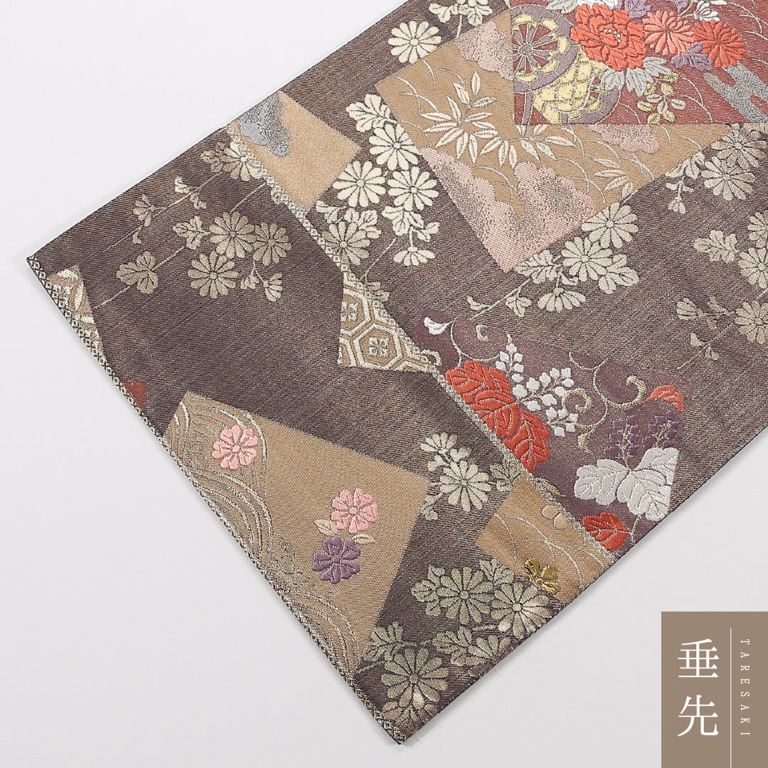 色紙 袋帯 帯丈424cm 正絹 六通 セミフォーマル 菊 グレー系 紫系 1243-02575