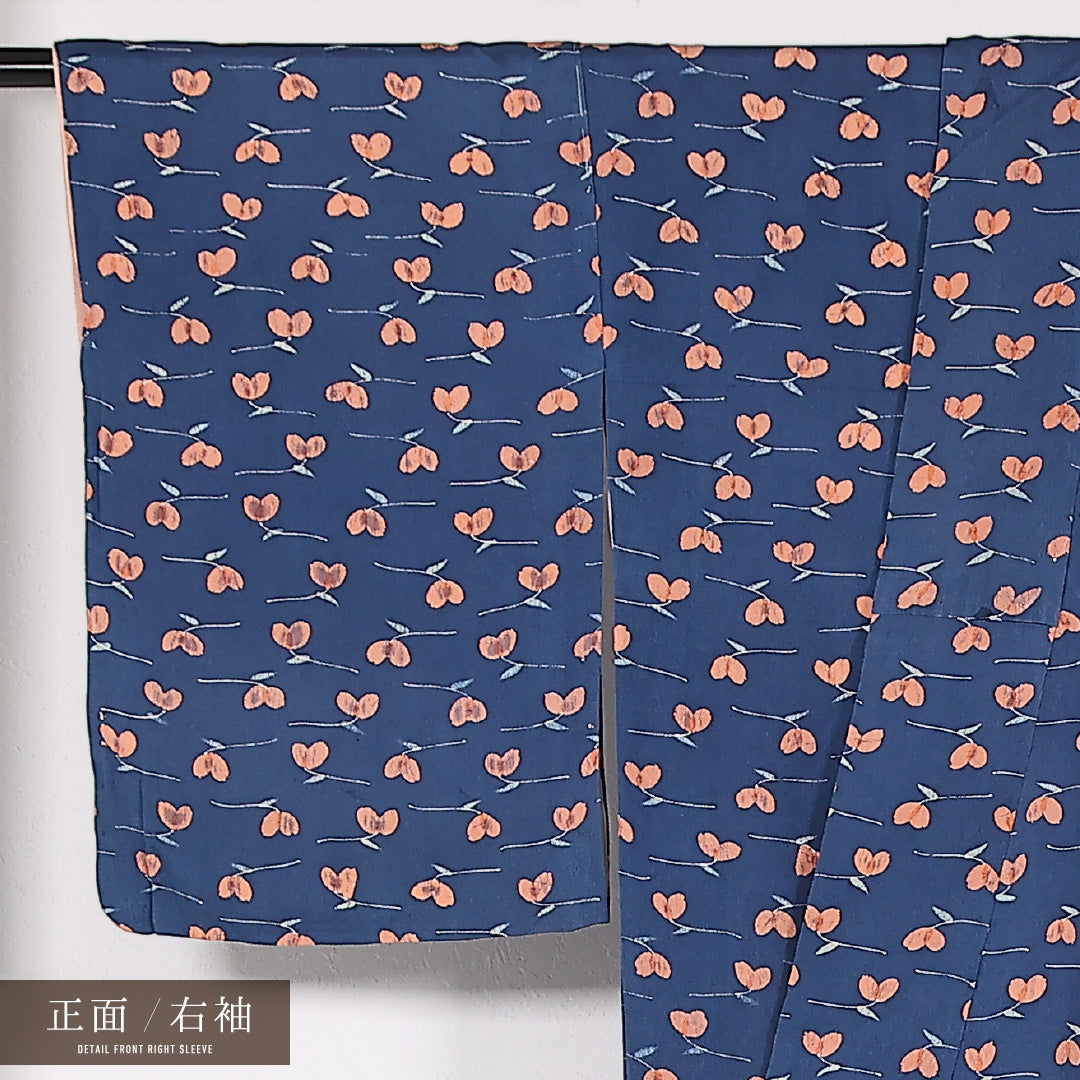 アンティーク 小紋 袷 身丈158cm 裄丈63cm 正絹 Aランク 広衿 Mサイズ 花柄 紺系 RP 1221-17534