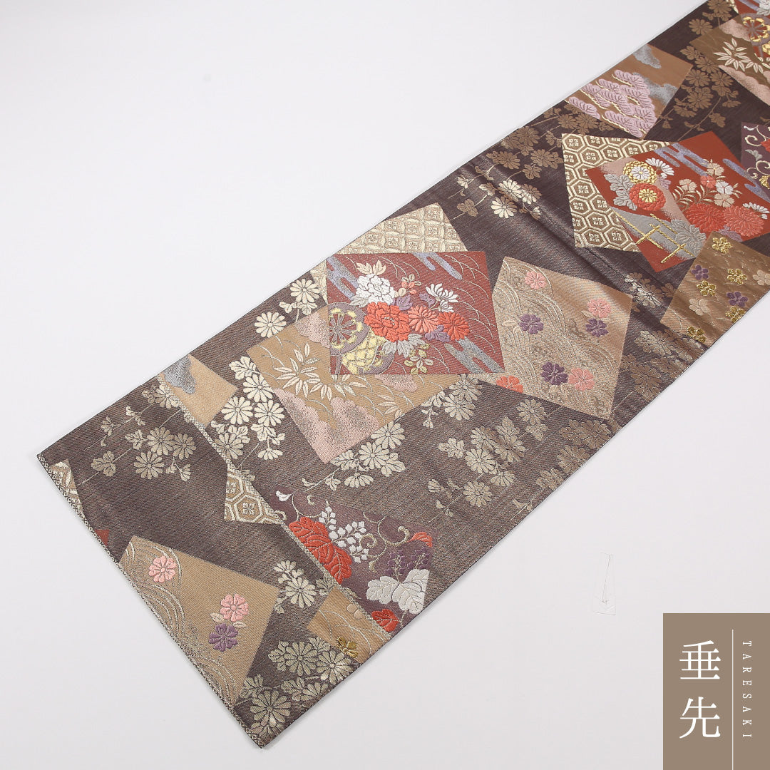 色紙 袋帯 帯丈424cm 正絹 六通 セミフォーマル 菊 グレー系 紫系 1243-02575