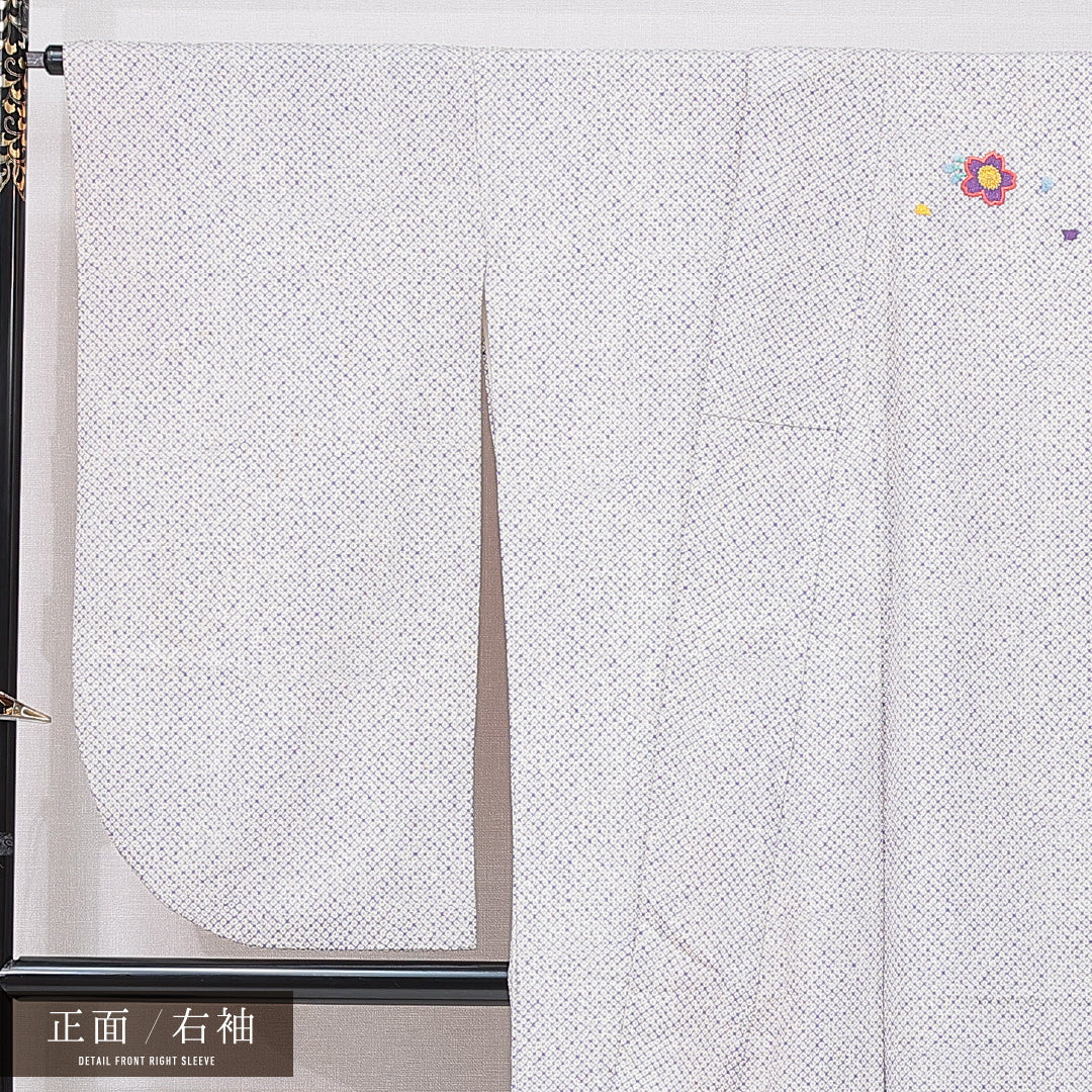 小振袖 袷 身丈167cm 裄丈67cm 正絹 Cランク セミフォーマル 広衿 XLサイズ 刺繍 桜 鹿の子柄 紫系 LP 1216-07033
