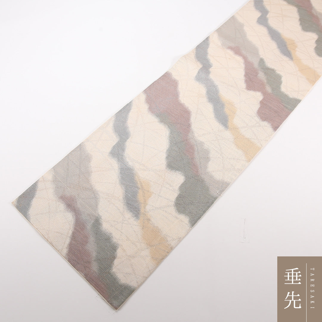 夏物 袋帯 帯丈428cm 正絹 六通 インフォーマル 創作柄 ガード加工 クリーム系 1243-02513