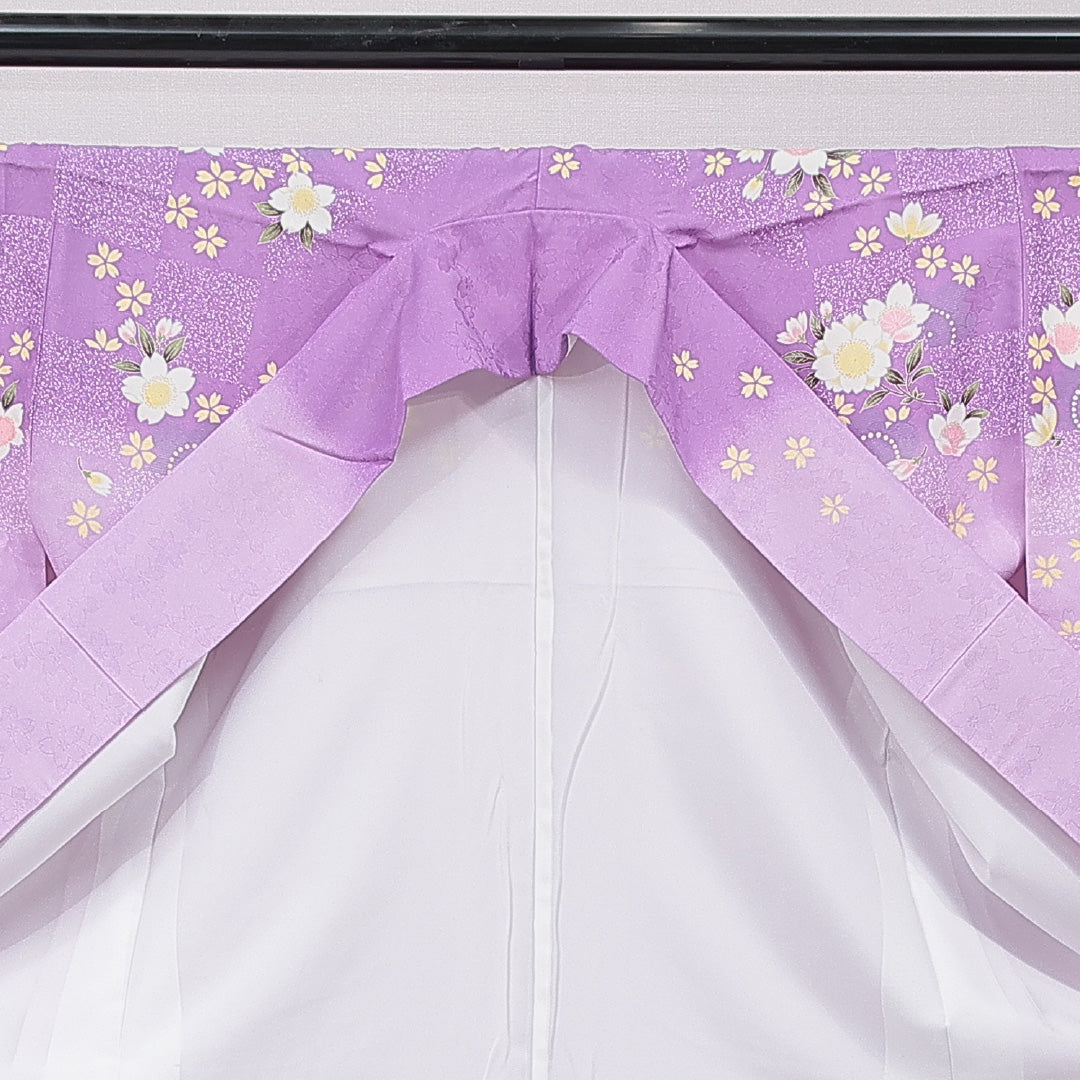 洗える着物 小振袖 袷 身丈168cm 裄丈68cm ポリエステル Sランク セミフォーマル 広衿 XLサイズ 金彩 桜 紫系 RP 1216-07065