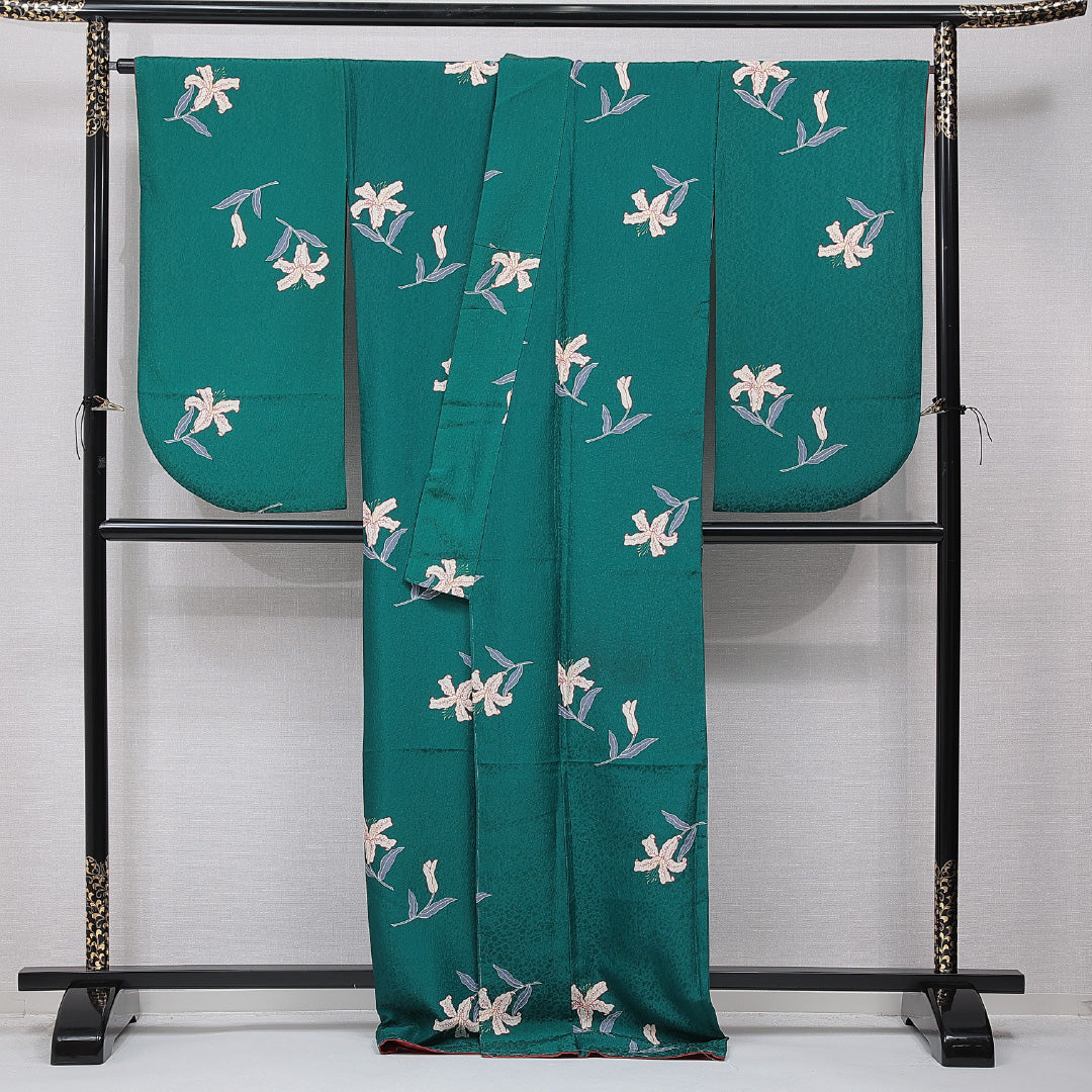 洗える着物 小振袖 袷 身丈170cm 裄丈68cm ポリエステル Sランク セミフォーマル 広衿 2XLサイズ 百合 緑系 RP 1216-07064