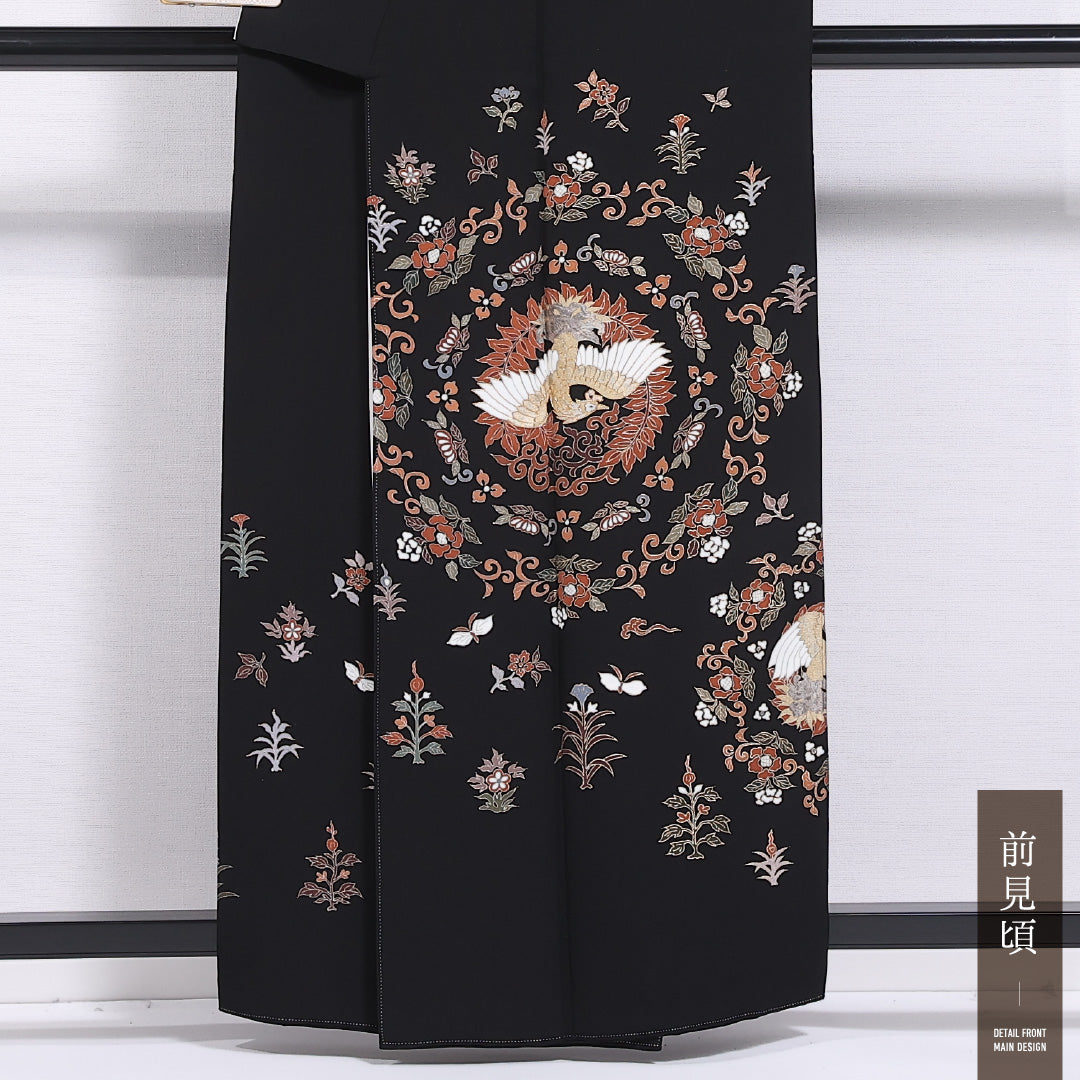 黒留袖 袷 身丈159cm 裄丈64cm 正絹 Sランク 五つ紋 (剣片喰) フォーマル 広衿 Mサイズ 比翼 唐華 鳳凰 青系 RP 1213-06686