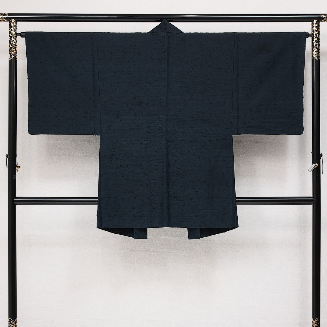 アンサンブル 男着物 袷 身丈137cm 裄丈62cm 正絹 Aランク カジュアル 棒衿 Sサイズ ひげ紬 無地 紺系 RP 1224-14533
