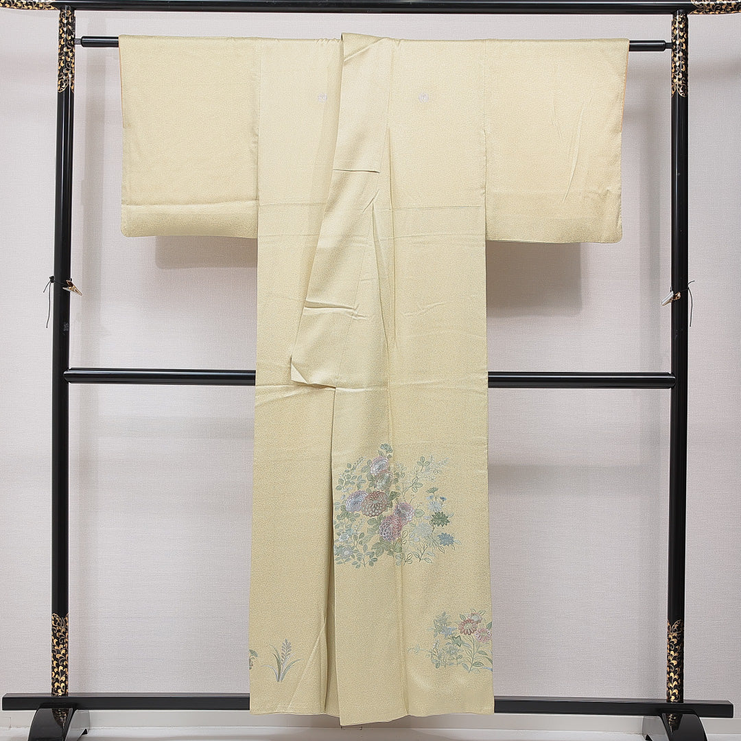 色留袖 袷 身丈154cm 裄丈62cm 正絹 Cランク 三つ紋 (対い鶴) フォーマル 広衿 Sサイズ 蘇州刺繍 相良刺繍 菊 黄系 LP 1214-07084