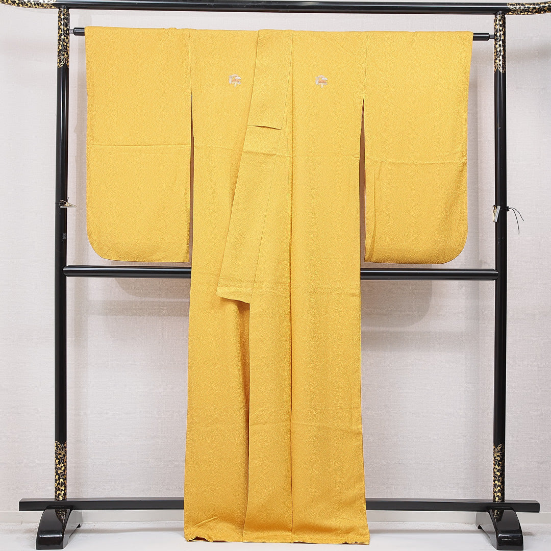 洗える着物 小振袖 袷 身丈169cm 裄丈66cm ポリエステル Sランク セミフォーマル 広衿 XLサイズ 刺繍 藤 笠松 黄系 RP 1216-07057
