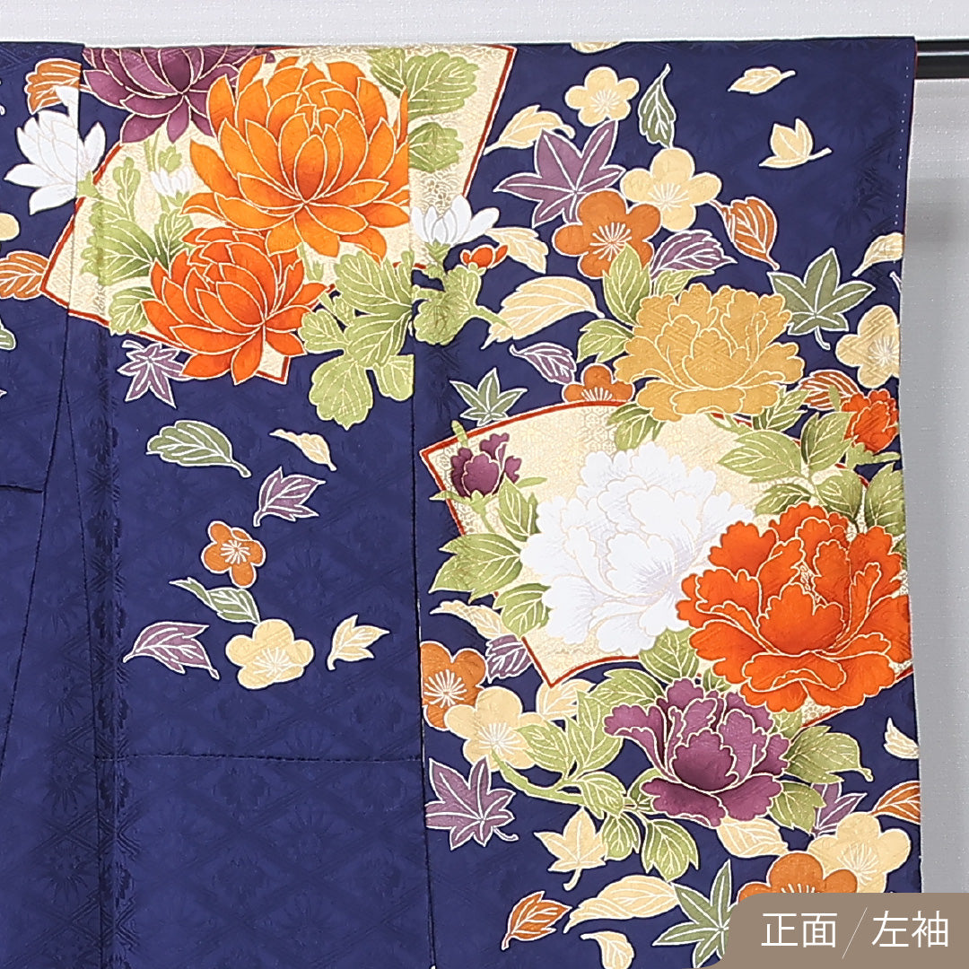 振袖 袷 身丈160cm 裄丈62cm 正絹 Sランク フォーマル 広衿 Lサイズ 扇面文 菊 紅葉 紺系 RP 1215-06724